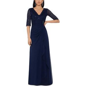 B&A Womens Lace-Top Waterfall-Detail Maxi Dress, Blue, NWT